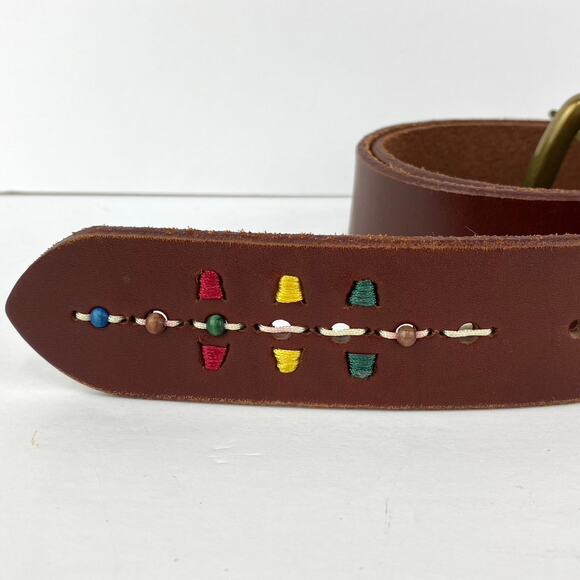 Fossil Bridle Leather Belt Stitched and Beaded Embellishment Size Large - Picture 2 of 4